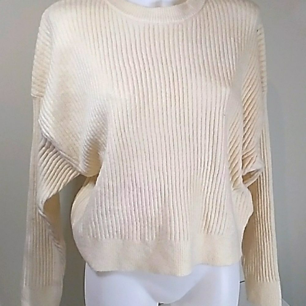 NWOT Soft Ribbed Knit Sweater,Crop, Crew Neck, Drop Shoulder, Cream by Elodie